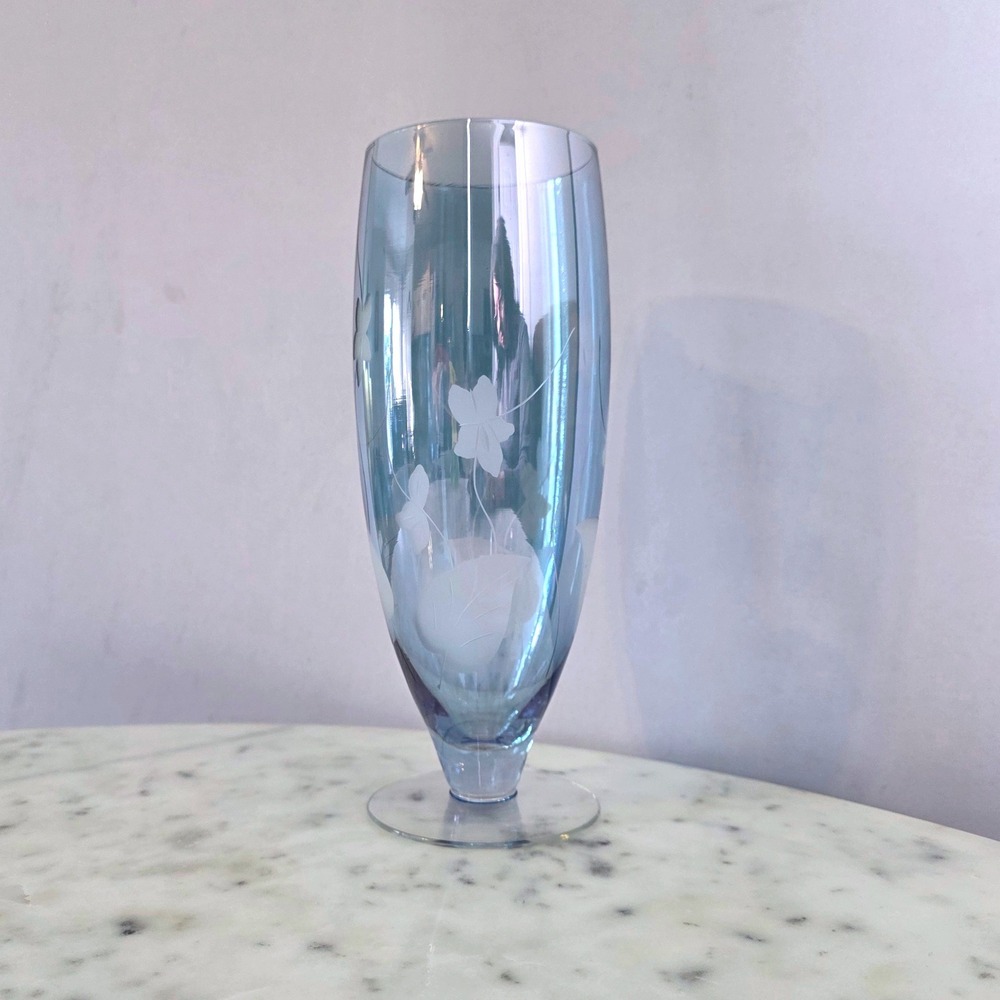 Blue Etched Glass or Crystal Floral Pedestal Vase 10 In Frosted Leaf Transparent
